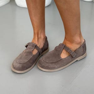 Suede T-Strap Mary Jane Shoes, Women's Barefoot Flats, Wide Toe Box Shoes, Soft Sole Shoes, Comfortable Anatomical Footwear, Gift for Her Cocoa