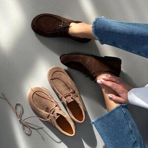 Barefoot Brown Suede Lace-Up Loafers for Women, Round Toe Leather Shoes, Classic Loafers, Comfortable Casual Shoes for Everyday Wear image 2
