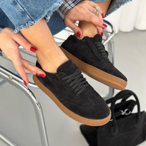 Women's Suede Sneakers with Laces, Casual Sneakers, Comfortable Shoes, Stylish Everyday Sneakers, Trendy Suede Lace-Up Sneakers, Sport Shoes Black