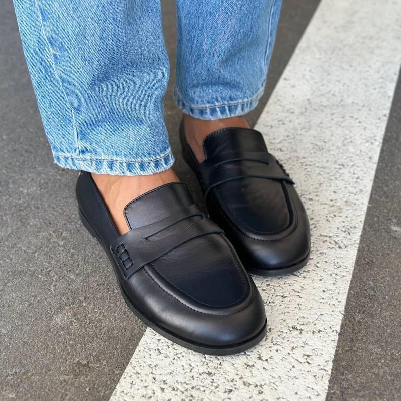 Women’s Classic Black Leather Loafers, Slip-On Dress Shoes, Comfortable Everyday Flats, Stylish Office and Casual Footwear, Fall Shoes image 10