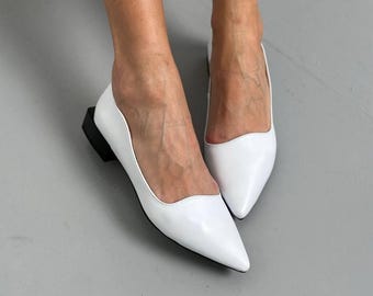White Genuine Leather Pumps, Narrow Width Flat Shoes, Pointed Toe Low Heels, Comfortable Everyday Flats, Handmade Elegant Office Shoes