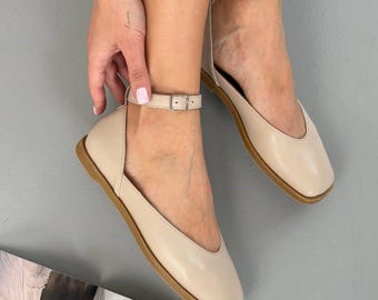 Natural Leather Ankle Strap Flats, Women's Square Toe Ballet Shoes, Minimalist Mary Janes, Soft Flexible Sole Work Shoes, Handmade Footwear
