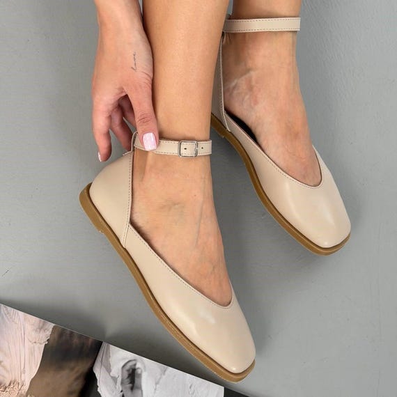 Natural Leather Ankle Strap Flats, Women's Square Toe Ballet Shoes, Minimalist Mary Janes, Soft Flexible Sole Work Shoes, Handmade Footwear