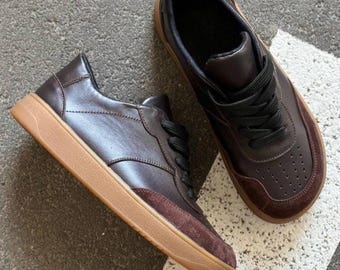 Brown Leather Sneakers for Women, Wide Toe Box Trainers, Anatomical Flat Sole Shoes, Comfortable Casual Walking Sneakers