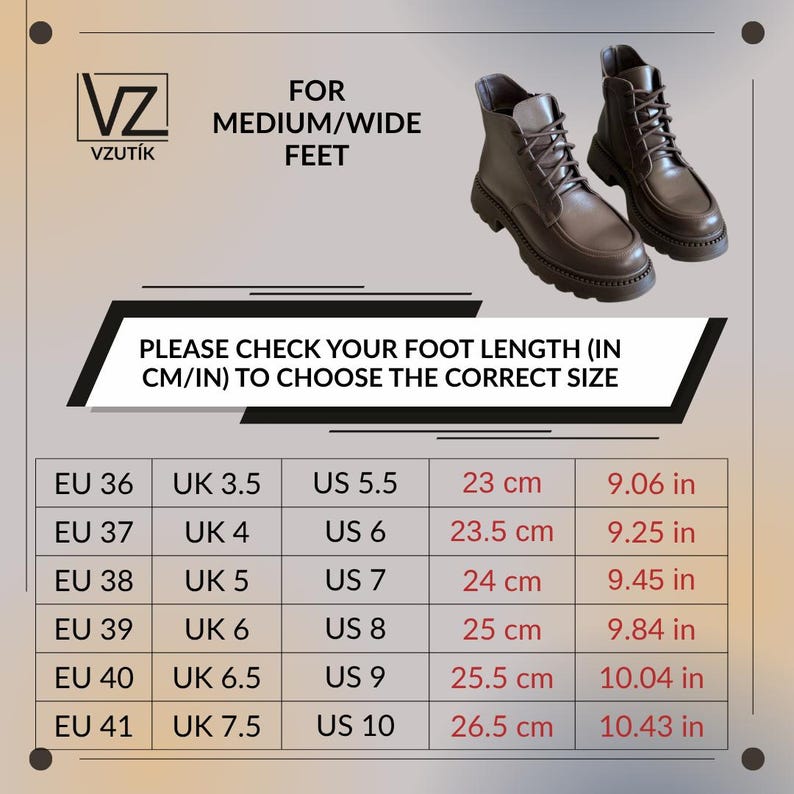 May include: Brown leather ankle boots with laces, displayed on a white background. The image includes a size chart with EU, UK, and US sizes, along with corresponding measurements in centimeters and inches. The text reads "For Medium/Wide Feet."