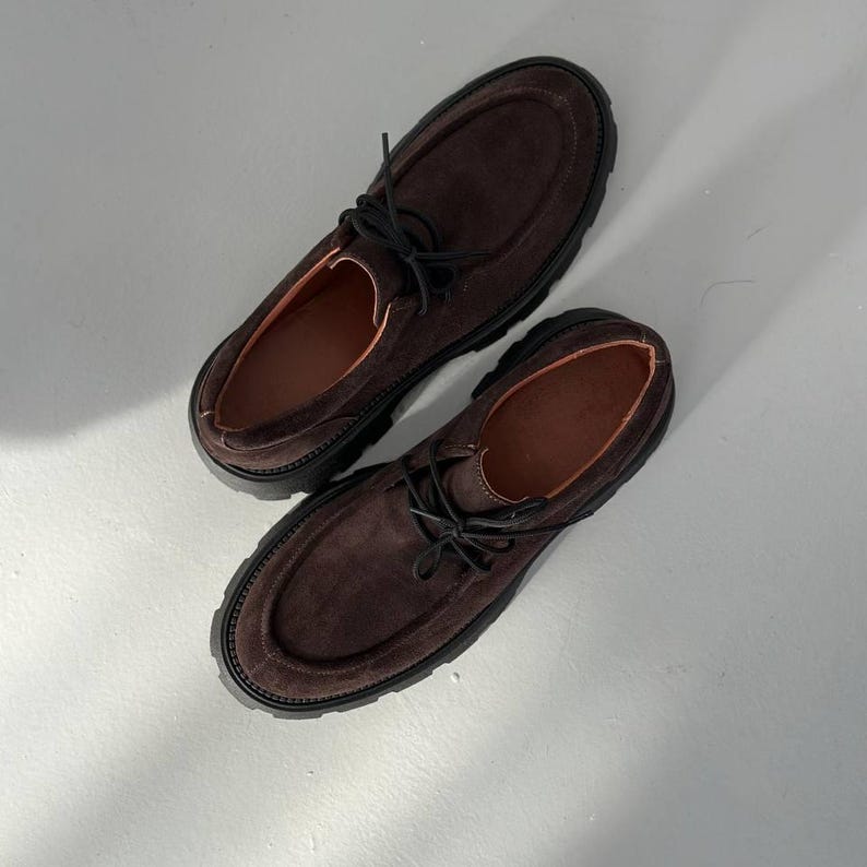 Women's Dark Brown Suede Loafers, Derby Shoes, Chunky Platform Loafers, Comfortable Casual Shoes, Trendy Everyday Footwear, Loafers for Her image 13