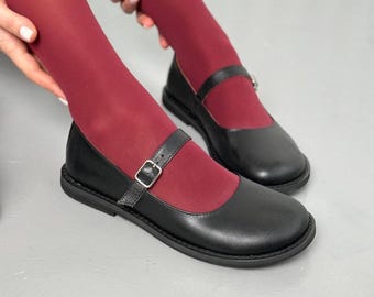 Anatomical Round Toe Mary Jane Flats, Black Leather Ballet Shoes, Wide Toe Box Barefoot Footwear, Comfortable Flat Sole Everyday Shoes