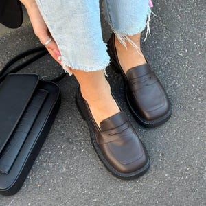 Women's Leather Loafers with Wide Toe Box, Square Toe Minimalist Slip Ons, Stylish Chunky Sole Flats, Comfortable Everyday Footwear Handmade image 12