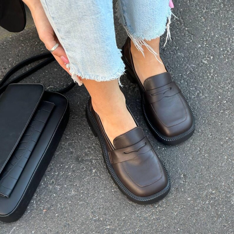 Women's Leather Loafers with Wide Toe Box, Square Toe Minimalist Slip Ons, Stylish Chunky Sole Flats, Comfortable Everyday Footwear Handmade image 12