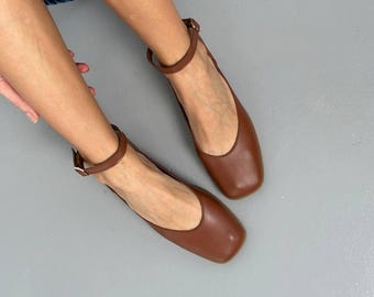 Leather Ankle Strap Flats, Square Toe Mary Jane Shoes, Women&#39;s Classic Ballet Flats, Chic and Comfortable Footwear, Summer Shoes