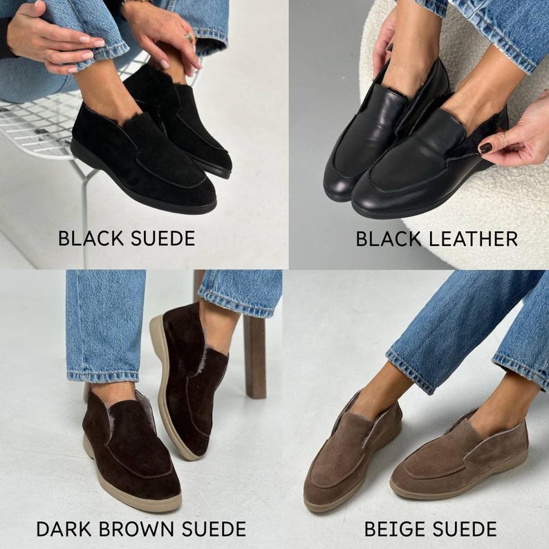 May include: A collection of four slip-on shoes shown in different materials and colors: black suede, black leather, dark brown suede, and beige suede. Each shoe features a rounded toe, a low-cut collar, and a flat sole, presented in a grid layout.