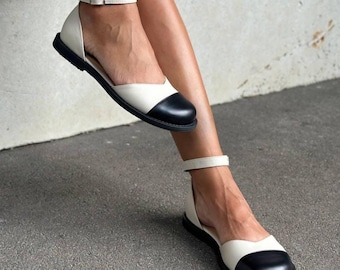 Natural Leather Mary Jane Flats, Women's Wide Toe Box Anatomical Shoes, Barefoot Style Ankle Strap Shoes, Comfortable Soft Minimalist Flats