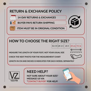 May include: A graphic with text about returns, exchanges, and sizing. The text includes "14-DAY RETURNS & EXCHANGES", "BUYER PAYS RETURN SHIPPING", and "ITEM MUST BE IN ORIGINAL CONDITION". It also shows how to measure foot size, with 23 cm and 9.1 inches.
