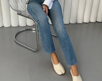 Leather Tabi Flats for Women, Split Toe Ballet Shoes, Comfortable Soft Leather Flats, Minimalist Everyday Slip-On Shoes