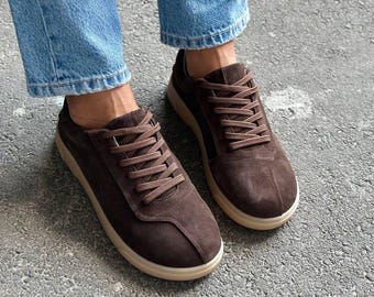 Wide Fit Dark Brown Suede Sneakers for Women, Lace-Up Barefoot Style Shoes, Comfortable Casual Trainers