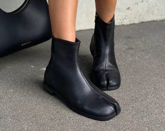 Black Leather Tabi Ankle Boots, Split Toe Minimalist Footwear