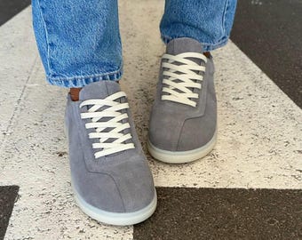 Women's Wide Toe Box Shoes, Anatomical Natural Suede Sneakers, Ergonomic Walking Flats, Leather Lined Wide Fit Footwear, Healthy Feet Shoes