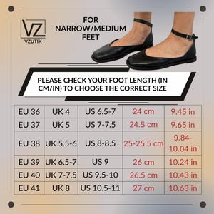 May include: Black leather flats with ankle straps. The image includes a size chart with EU, UK, and US sizes, along with measurements in centimeters and inches. The text reads "FOR NARROW/MEDIUM FEET".