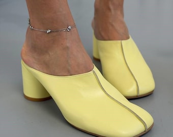 Yellow Leather Block Heel Mules, Women's Square Toe Slip-On Sandals, Comfortable Low Heel Slides, Minimalist Summer Heeled Shoes, Handmade
