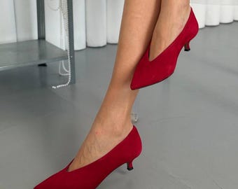 Bright Red V Neck Court Shoes, Pointed Toe Kitten Heel Pumps, Low Heel Shoes for Women,  Comfortable Statement Party Heels for Her