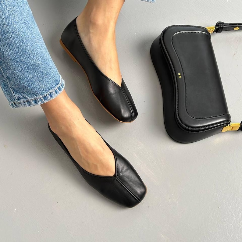 Sapatilhas de couro com bico quadrado, sapatilhas femininas sem fecho, sapatilhas minimalistas confortáveis, calçado elegante para o dia a dia. imagem 6