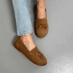 Women's Brown Suede Loafers with Tassels, Wide Round Toe Slip-On Flats, Soft Casual Everyday Shoes, Anatomical Shoes image 2