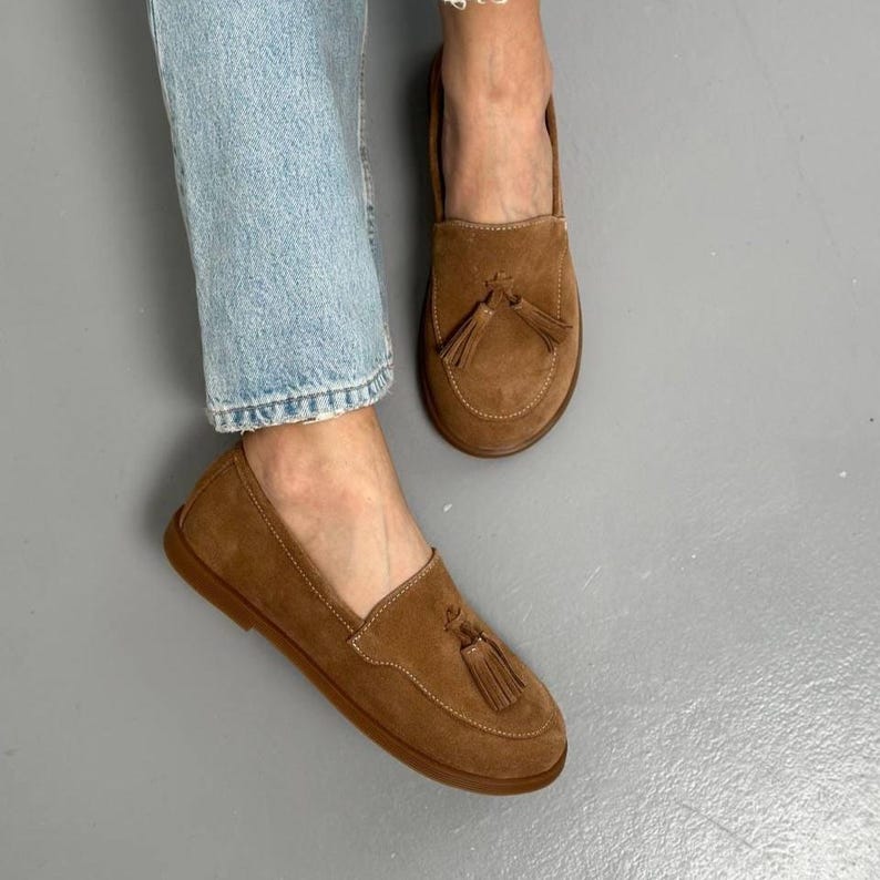 Women's Brown Suede Loafers with Tassels, Wide Round Toe Slip-On Flats, Soft Casual Everyday Shoes, Anatomical Shoes image 2