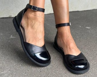 Black Leather Mary Jane Sandals, Anatomical Closed Toe & Back Flats, Comfortable Women’s Shoes, Round Toe Everyday Footwear, Gift for Her