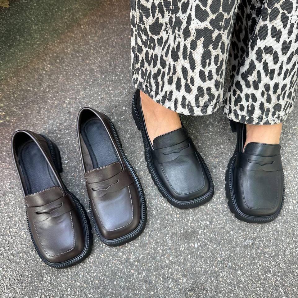 Square Toe Penny Loafers for Women, Genuine Leather Slip-on Flats