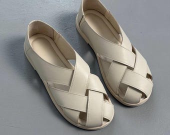 Anatomisch geweven leren sandalen, zomerschoenen met brede teenen voor dames, comfortabele platte schoenen blootsvoets, natuurlijke vorm instappers handgemaakte schoenen