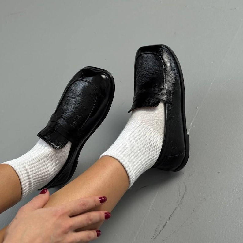 Women's Wide Toe Penny Loafers, Classic Black Leather Slip-On Shoes, Comfortable Casual & Office Footwear for Her image 14