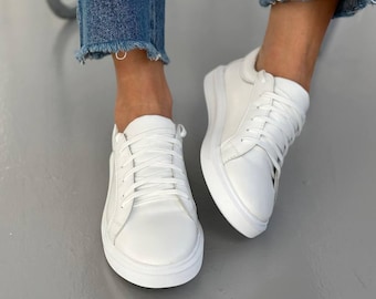 White Leather Bridal Sneakers, Summer Wedding Sneakers, Lace-Up Shoes, Classic Flat Sneakers for Bride, Minimalist Elegant Keds for Women