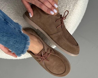 Braune Wildleder Barfuß Loafers, Damen Mokassins mit breiter Kappe, anatomische Schnürschuhe flache Schuhe, bequeme Null-Tropfen-Schuhe, handgefertigte Schuhe