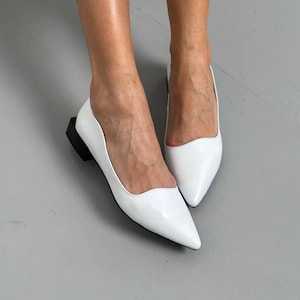 Bridal White Leather Pointed Toe Flats, Low Block Heel Shoes, Comfortable Flats for Bride and Bridesmaids, Elegant Wedding Shoes, Handmade