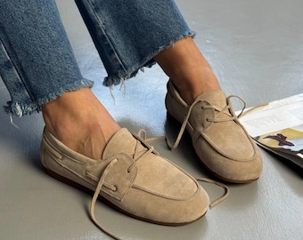 Suede Ballet Flats with Laces, Women's Minimalist Slip On Moccasins, Soft Flexible Sole Shoes, Casual Ballerinas, Zero Drop Walking Flats