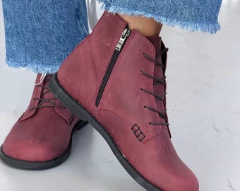 Women Natural Leather Barefoot Boots, Anatomical Flat Ankle Shoes, Warm Fleece Lined Booties, Side Zip Wide Toe Box Everyday Shoes