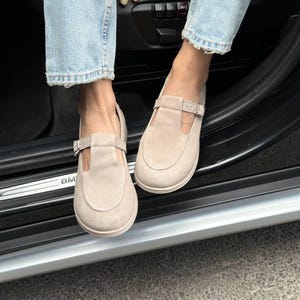Suede T-Strap Mary Jane Shoes, Women's Barefoot Flats, Wide Toe Box Shoes, Soft Sole Shoes, Comfortable Anatomical Footwear, Gift for Her Ivory