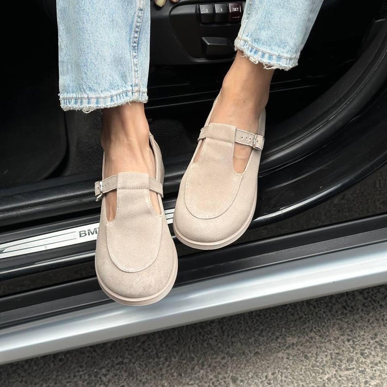 Suede T-Strap Mary Jane Shoes, Women's Barefoot Flats, Wide Toe Box Shoes, Soft Sole Shoes, Comfortable Anatomical Footwear, Gift for Her Ivory
