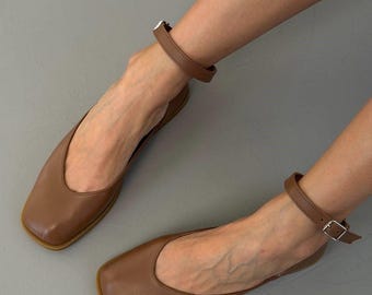 Leather Ankle Strap Flats, Square Toe Mary Jane Shoes, Women's Classic Ballet Flats, Chic Comfortable Footwear, Handmade Shoes