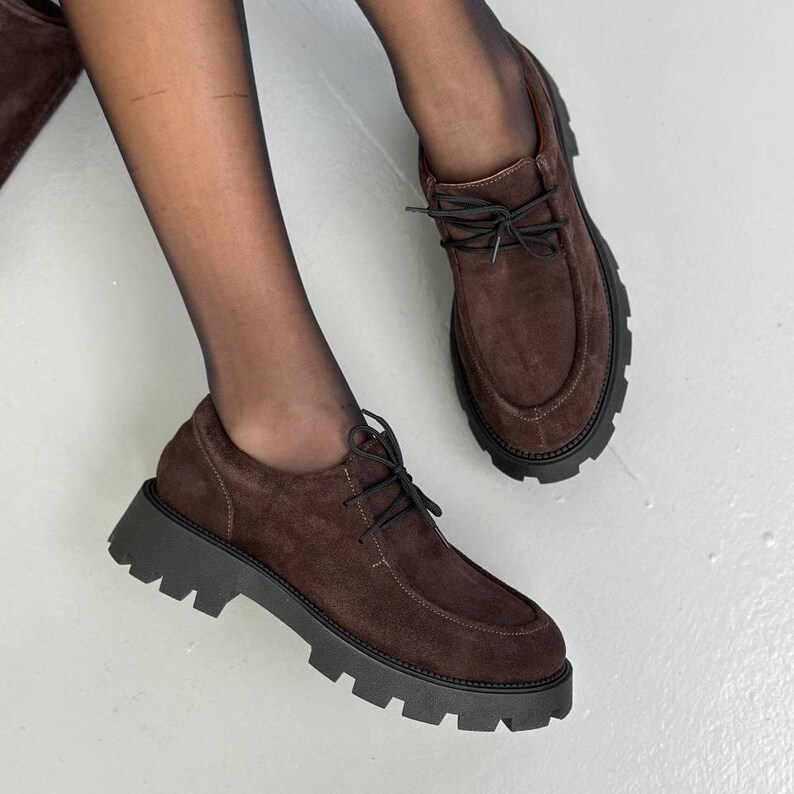Women's Dark Brown Suede Loafers, Derby Shoes, Chunky Platform Loafers, Comfortable Casual Shoes, Trendy Everyday Footwear, Loafers for Her image 12