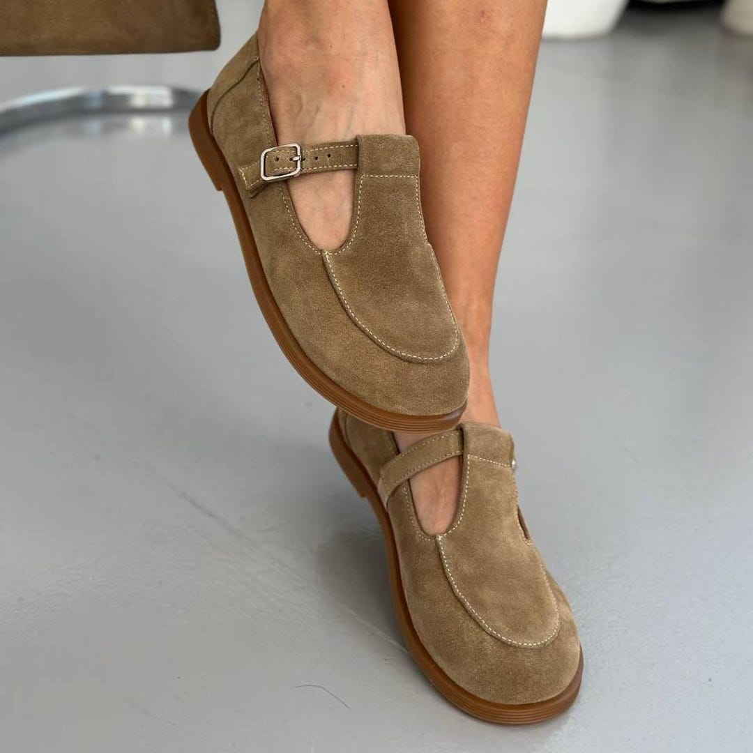 Wide Fit Suede Mary Jane, Anatomical Barefoot Flats With T-strap Buckle,  Comfortable Classic Shoes
