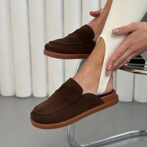 Backless Penny Loafers for Women, Brown Suede Wide Toe Slip On Shoes, Anatomical Barefoot Fit, Orthopedic Insole, Summer Casual Mules