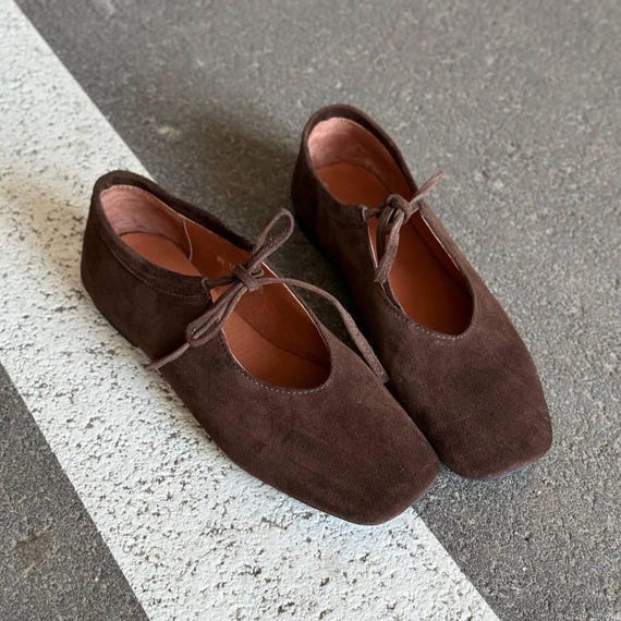 Barefoot Suede Ballet Flats with Ties, Women’s Square Toe Mary Jane Shoes, Soft Flexible Sole, Comfortable Everyday Slip-On Flats