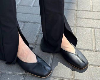 Leather Ballet Flats with Square Toe, Women’s Flat Slip-On Shoes, Comfortable Minimalist Ballerinas, Everyday Elegant Footwear