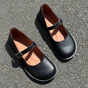 Anatomical Round Toe Mary Jane, Black Leather Ballet Flats, Comfortable Barefoot Shoes with Strap image 9