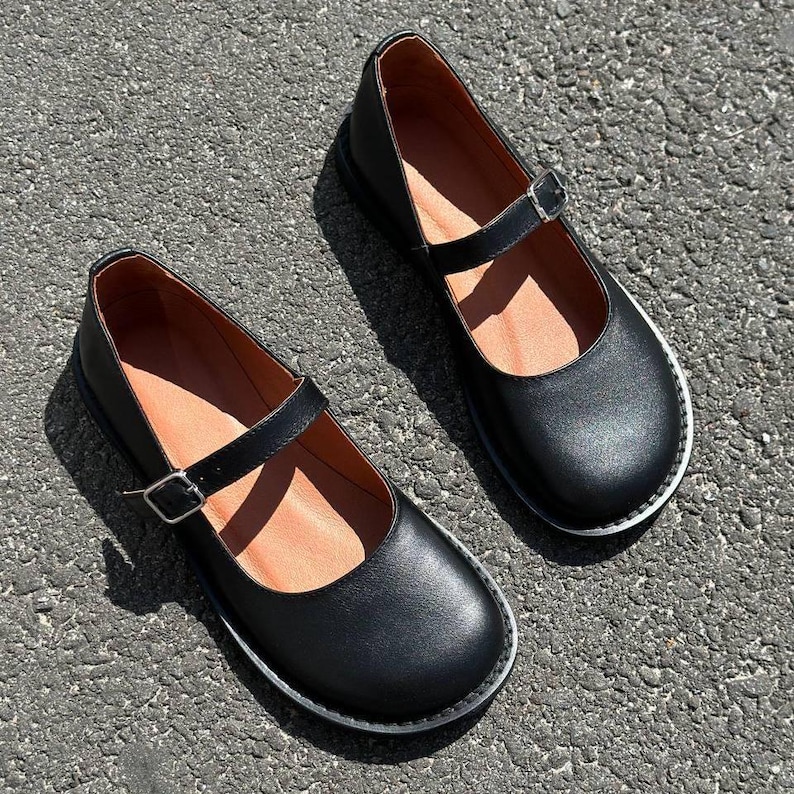 Anatomical Round Toe Mary Jane, Black Leather Ballet Flats, Comfortable Barefoot Shoes with Strap image 9