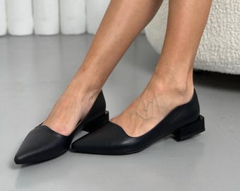 Pointed Toe Leather Ballet Flats, Women's Low Block Heel Shoes, Minimalist Work Slip Ons, Genuine Leather Dress Flats, Handmade Footwear