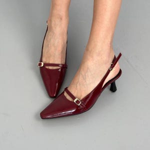 Kitten Heel Slingback Pumps, Pointed Toe Low Heels Shoes, Women&#39;s Patent Leather,  Elegant Minimalist Shoes for Work or Dress, Gift for Her