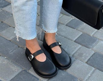 Women's Black Leather Mary Jane Flats, Barefoot Wide Fit Shoes, Comfortable Minimalist Casual Footwear, Zero Drop Sole, Wide Toe Box Shoes