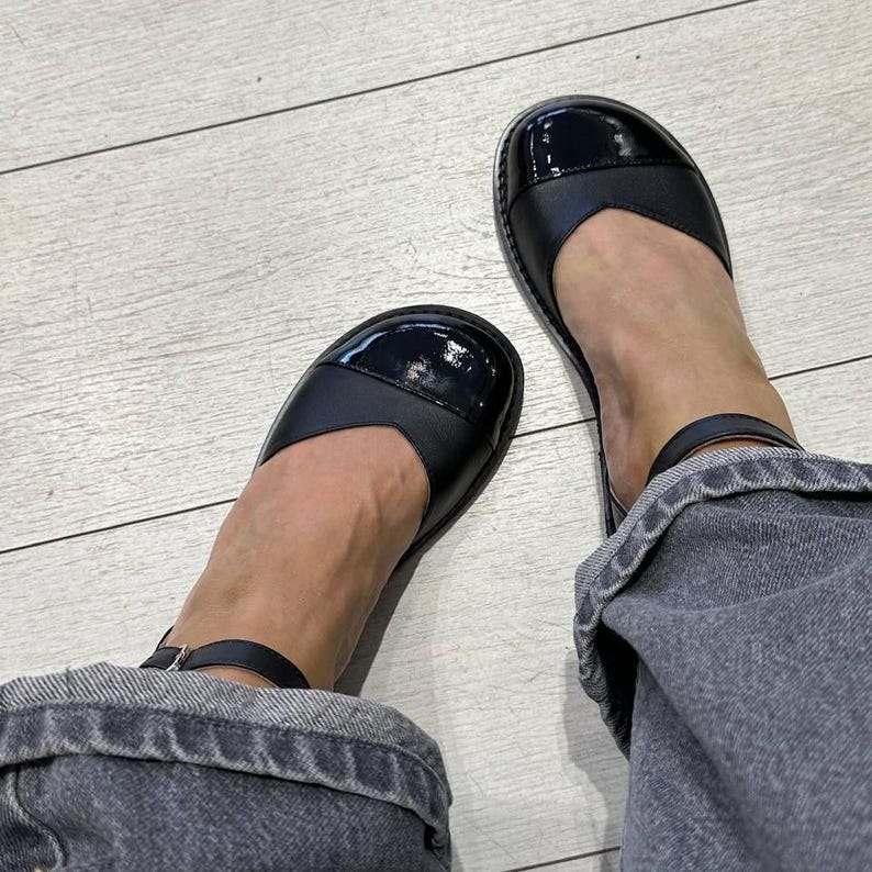 Anatomical Black Leather Mary Janes, Wide Toe Box Ballet Flats, Comfortable Ankle Strap Shoes, Minimalist Footwear, Handmade Leather Flats image 15